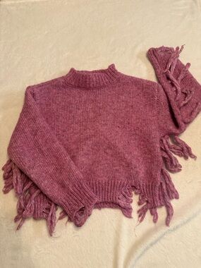 Girls' Dusty Rose Fringe Mock Neck Sweater